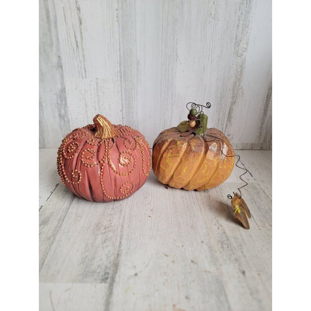 Rustic beaded orange pumpkin set Halloween‎ home decor unique